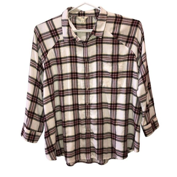 Terra & Sky Womens Plus Size 3X White Burgundy Plaid Long Sleeve Button Up Shirt - Picture 2 of 11